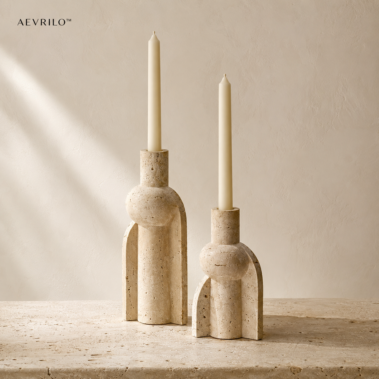 Aevrilo™ Noma Sculptural Travertine Candle Holders – Set of 2